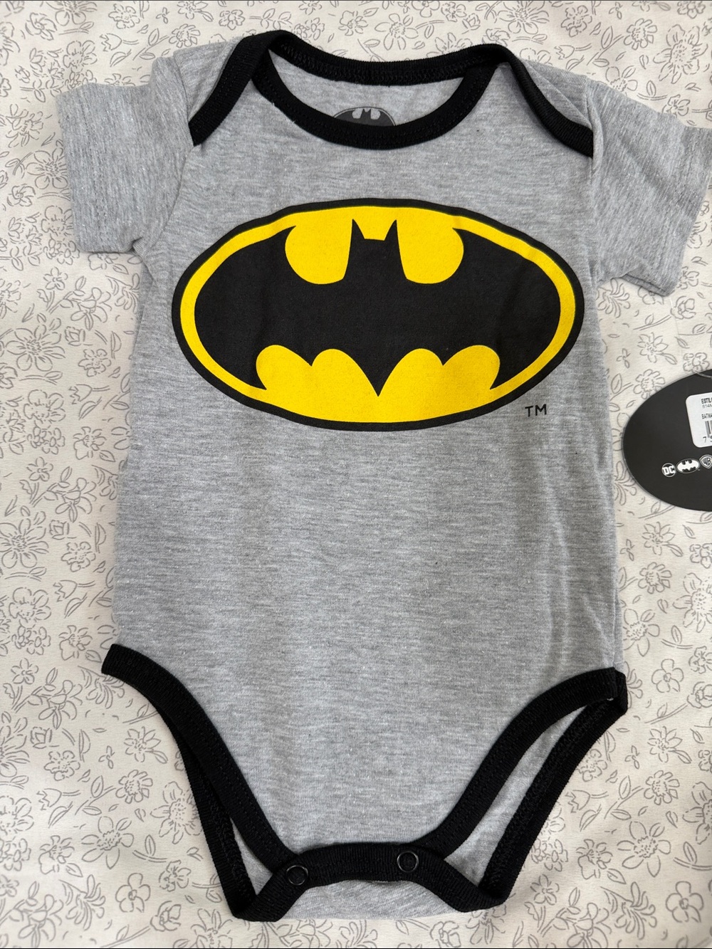 DC Gray Baby One-Piece Bodysuit with Black & Yellow Batman Logo